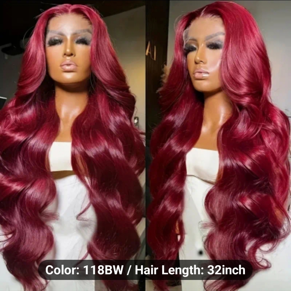NEW DEEP CURL BODY WAVE BURGUNDY WIG LACE FRONT 32" SUPER LONG